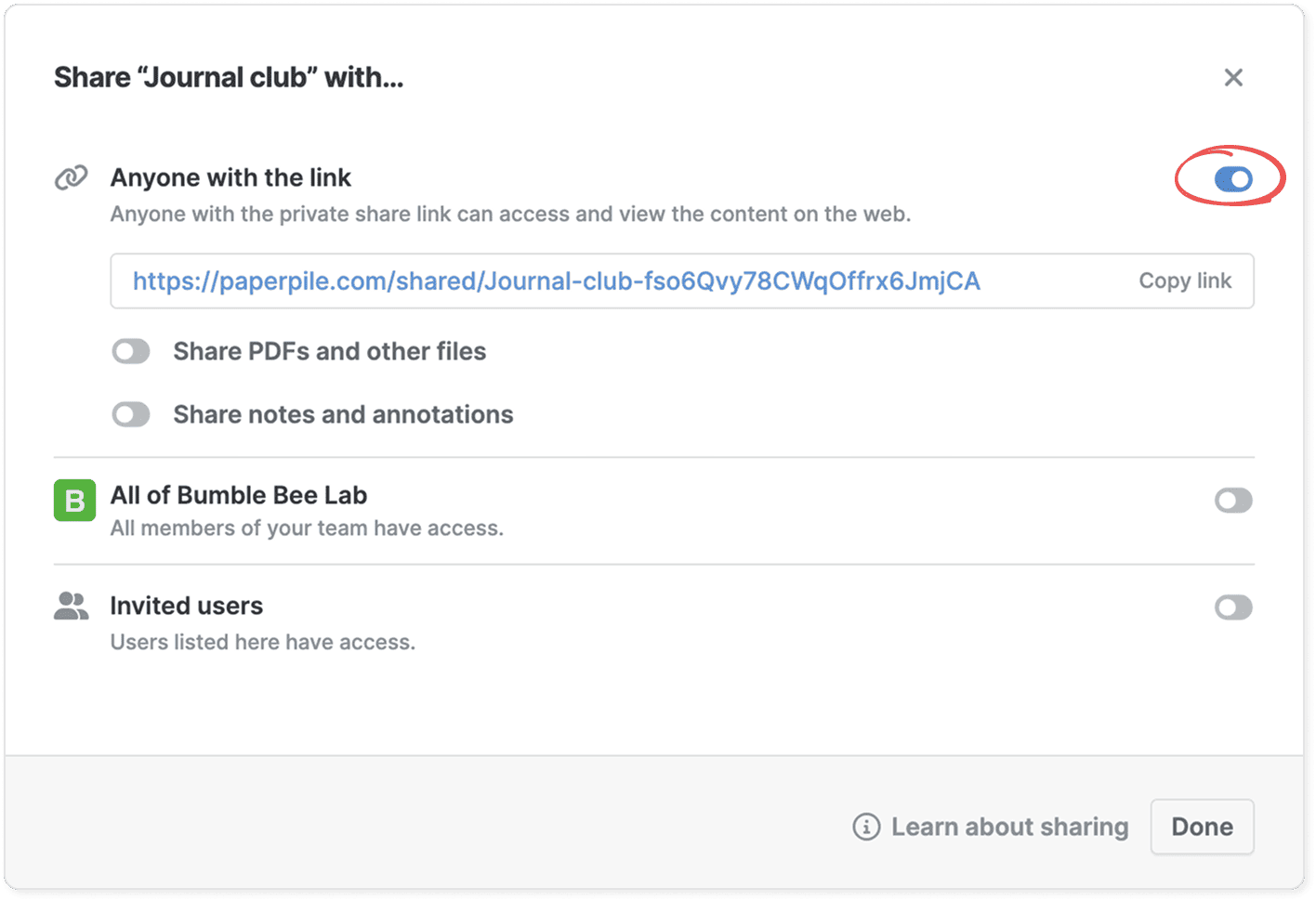 The “Share ‘Journal club’ with…” dialog with the circled “Anyone with the link” toggle switched on, revealing the private share link and a “Copy link” action, above toggles for sharing PDFs and notes.